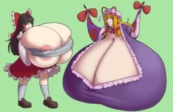 2girls breasts_bigger_than_body breasts_bigger_than_head breasts_bigger_than_torso breasts_on_floor bursting_breasts gigantic_breasts hyper hyper_breasts koobybooby koobykarasu massive_breasts reimu_hakurei tagme touhou