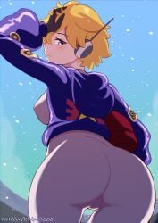 1girls ass ass_focus big_ass big_breasts blonde_hair breasts breasts_out elpipe3000 female female_only hand_on_head hoodie looking_at_viewer looking_back one_piece one_piece:_egghead_arc orange_hair purple_eyes seductive_look short_hair skin_tight solo vegapunk_lilith wide_hips