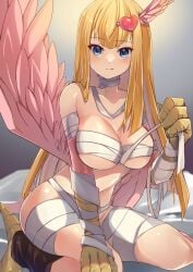 1girls bandage bandages bandages_around_breasts bed blonde_hair blue_eyes duel_monster harpie_girl harpie_lady harpy long_hair looking_at_viewer monster_girl wings yu-gi-oh!