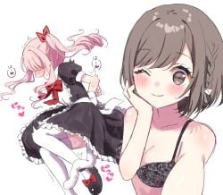 1girls 1other akiyama_mizuki aroused blush blush bondage brown_eyes brown_hair cute female hands_behind_back hands_tied maid_outfit maid_uniform partially_nude partially_nude_female pink_hair project_sekai selfie shinonome_ena short_hair side_ponytail smile smiling smiling_at_viewer white_background wink winking winking_at_viewer