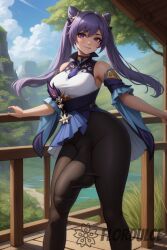 ai_generated bulge bulge_through_clothing covered_penis flordulce futa_only futanari genshin_impact keqing_(genshin_impact) nature outdoors penis_bulge purple_eyes purple_hair scenery seductive seductive_look seductive_smile solo_futa standing twintails