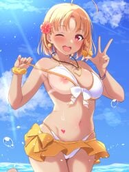 ;d bikini bikini_pull bikini_skirt bikini_tan blonde_hair blue_sky blush bow bracelet breasts cameltoe clothes_lift clothes_pull commentary_request day earrings female flower hair_flower hair_ornament hairbow heart_pendant highres jewelry large_breasts lifted_by_self looking_at_viewer love_live! love_live!_sunshine!! mobukichi navel nipples one_breast_out one_eye_closed open_mouth outdoors red_eyes red_flower scrunchie short_hair sky smile solo standing standing_on_one_leg strap_pull sunlight swimsuit swimsuit_lift takami_chika tan tanlines variant_set white_bikini wrist_scrunchie yellow_bow yellow_scrunchie