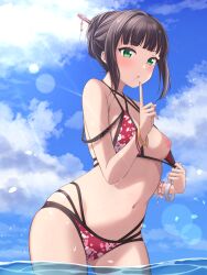 alternate_hairstyle bikini bikini_top_aside black_hair blue_sky breasts cloud commentary_request female finger_to_own_chin floral_print green_eyes hair_bun hair_ornament hair_stick hair_up highres kurosawa_dia long_hair looking_at_viewer love_live! love_live!_sunshine!! medium_breasts mobukichi mole mole_under_mouth multi-strapped_bikini multiple_bracelets navel ocean one_breast_out open_mouth partially_submerged print_bikini pulled_by_self red_bikini sidelocks sky solo sunlight swimsuit wet