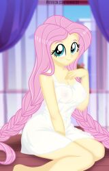 accurate_art_style blue_eyes braid equestria_girls female fluttershy_(eg) fluttershy_(mlp) friendship_is_magic jennieoo my_little_pony negligee nipples pink_hair see-through_clothing sitting_on_bed solo