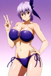 1girls accurate_art_style ai_generated alluring ayane_(doa) bare_legs big_breasts bikini cleavage dead_or_alive dead_or_alive_xtreme_beach_volleyball doasuki kunoichi lavender_hair posing red_eyes tecmo v_sign