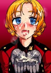 begging blue_eyes blush braid cum cum_in_mouth cum_on_face cum_on_hair cum_on_hands cupping_hands female girls_und_panzer gloves looking_at_viewer open_mouth orange_hair orange_pekoe short_hair solo st._gloriana's_military_uniform zasshu_nigou