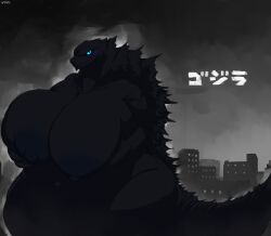 anthro belly big_belly big_breasts big_nipples black_body black_scales blue_eyes breasts city cityscape claws curvy_figure female glowing glowing_eyes godzilla godzilla_(series) hi_res holding_breast huge_breasts kaiju looking_at_viewer monster night nipples nude obese overweight rule_63 scales scalie solo spiked_tail spikes spikes_(anatomy) text thick_thighs toho translated voidcatart