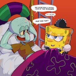 1:1 anthro bed blue_eyes brown_clothing brown_shirt brown_topwear clothing diforland duo eye_contact furniture humanoid looking_at_another maid_uniform male_only marine motion_lines nickelodeon octopus on_bed open_mouth pillow red_eyes red_tongue sea_sponge shirt spongebob_squarepants spongebob_squarepants_(character) spongebob_squarepants_(series) squidward_tentacles teeth tongue topwear uniform yaoi yellow_body