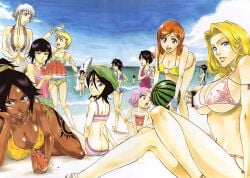 ankle_bracelets arisawa_tatsuki ass_cleavage ass_peek beach bikini bleach blue_sky breasts butt_crack female female_only hinamori_momo hiyori_sarugaki inoue_orihime ise_nanao kotetsu_isane kuchiki_rukia kukaku_shiba kurotsuchi_nemu kusajishi_yachiru matsumoto_rangiku medium_breasts multiple_girls ocean panties sarugaki_hiyori shiba_kuukaku shihouin_yoruichi sideboob sky soifon sui-feng summer tatsuki_arisawa tite_kubo unohana_retsu