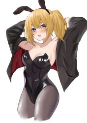 :o alternate_costume animal_ears armpits arms_up bangs black_jacket black_leotard blonde_hair blush breasts bunny_ears bunnysuit chloe_(princess_connect!) commentary_request cropped_legs elf eyebrows_visible_through_hair fake_animal_ears female female_only grey_legwear hako_reeema highres jacket leotard long_hair long_sleeves looking_at_viewer open_clothes open_jacket open_mouth pantyhose playboy_bunny pointy_ears ponytail princess_connect! rabbit_ears sexy_armpits sidelocks solo strapless strapless_leotard sweat twintails