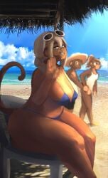 1boy 2girls admiral_brickell anthro ass beach big_ass bikini bloons_tower_defense blue_eyes bottom_heavy breasts dexie93 female looking_at_viewer monkey monkey_girl patch_(bloons) primate sitting smile sunglasses sunglasses_on_head swimsuit teeth white_hair