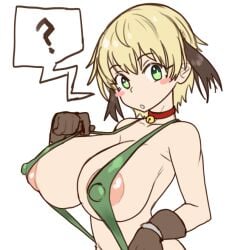 1girls ? alternate_breast_size areola_slip blonde_hair breasts covered_nipples ebora fate/grand_order fate_(series) female gareth_(fate) green_eyes hi_res huge_breasts light-skinned_female light_skin nipples short_hair sketch sling_bikini solo upper_body youngmanisdown