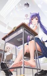 bare_legs barefoot blush drool eyebrows_visible_through_hair feet foot_fetish foot_focus genshin_impact hoyoverse keqing_(genshin_impact) klee_(genshin_impact) legs light_skin lollipop looking_at_viewer looking_down looking_down_at_viewer purple_hair red_eyes saliva saliva_trail school_uniform shoes_removed sitting skirt smile smirk soles toes twintails viewed_from_below white_shirt yuhang