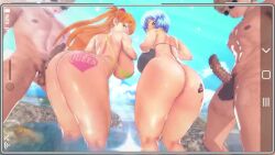 2boys 2girls 3d 3d_animation animated ass asuka_langley_sohryu balls big_ass big_breasts big_butt bikini_bottom bikini_top blue_hair censored_penis dark-skinned_male female large_ass large_breasts light-skinned_male looking_back male neon_genesis_evangelion orange_hair penis queen_of_hearts rei_ayanami shaking_ass shaking_butt sound tagme tattoo tattoo_on_butt thick_thighs thighs twerking video water wily27
