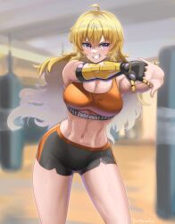 1girls abs artist_name athletic athletic_female belly_button blonde_hair bra breasts burnt_green_tea female fit fit_female gym gym_clothes gym_shorts long_hair midriff muscular muscular_female navel prosthetic prosthetic_arm purple_eyes rwby smile solo solo_female sports_bra sweat sweaty_breasts teeth thick_thighs thighs watermark yang_xiao_long yellow_hair