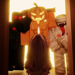 1girls 3boys 3d candy costume demon halloween halloween_costume halloween_theme monster mummy original original_character pumpkin pumpkin_head roblox roblox_avatar robloxian sweets tagme tagme_(artist) trick_or_treat trio withlove_lainy zombie