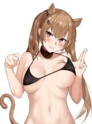 1girls 2022 :3 absurdres animal_ears bangs bikini bikini_top bikini_top_only black_bikini blush breasts brown_hair buckle cat_ears cat_girl cat_tail closed_mouth collar collarbone commentary_request eyebrows_visible_through_hair female female_only girls'_frontline hair_ornament hair_over_shoulder hairclip hako_reeema head_tilt highres kemonomimi_mode large_breasts lifted_by_self long_hair looking_at_viewer navel paw_pose red_eyes scar scar_across_eye scar_on_face simple_background skindentation smile solo stomach strap_lift string_bikini swimsuit swimsuit_top tail twintails ump9_(girls'_frontline) unaligned_breasts underboob upper_body white_background