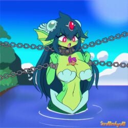 2girls animated blue_hair breasts chains collar color colored crushed_by_breasts duo female female_only giga_mermaid green_skin mermaid monster_girl open_mouth powerful_breasts red_eyes scruffmuhgruff shantae shantae_(character) shell shell_bikini shell_bra size_difference smooth_skin tagme water watermark weaponized_breasts yuri