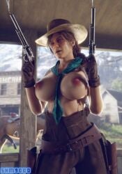 1girls 3d absurd_res belt big_breasts breasts casual female female_only firearm handgun headwear hi_res human large_breasts legwear no_bra pale_skin red_dead_redemption_(series) red_dead_redemption_2 revolver sadie_adler solo superhentaimaster9000 weapon