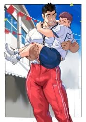 adidas_pants blue_shorts blush bridal_carry brown_hair bruise bruised bruised_knees bulge caring carrying dark_hair gay gym_teacher hurt injured male male_only red_pants shoes soccer_uniform sports_uniform tall taller_male tofulabo white_shoes white_t-shirt