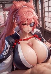1boy 1girl1boy 1girls ai_generated angry baiken bangs blush boobjob breasts cleavage clothed clothed_female_nude_male erection eyepatch glaring guilty_gear huge_breasts indoors japanese_clothes kimono long_hair messy_hair one_eye_obstructed paizuri paizuri_under_clothes parted_bangs penis pink_hair ponytail precum rope scar scar_on_face serious shiny_skin sweat titjob uncensored wet wet_body