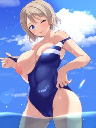 blue_eyes blue_sky blush breasts brown_hair cameltoe competition_swimsuit covered_navel day female highres large_breasts looking_at_viewer love_live! love_live!_sunshine!! mobukichi nipples off_shoulder one-piece_swimsuit one_breast_out one_eye_closed outdoors shiny_skin short_hair sky smile solo standing swimsuit watanabe_you water wet