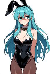 1girls ai_generated aqua_eyes aqua_hair bangs blue_eyes blue_hair blush bunny_ears bunnysuit eirika_(fire_emblem) embarrassed fake_animal_ears fire_emblem fire_emblem:_the_sacred_stones long_hair medium_breasts navel_visible_through_clothes nintendo novelai pantyhose playboy_bunny rabbit_ears self_upload shaded_face