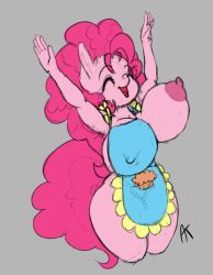 anthro appelknekten apron armpits big_breasts breasts closed_eyes clothing earth_pony equid equine eyes_closed friendship_is_magic grey_background happy hasbro horse huge_breasts long_hair mammal my_little_pony pink_body pink_hair pink_skin pinkie_pie_(mlp) pony simple_background smile tail