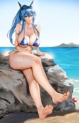 bare_legs bare_shoulders barefoot beach bikini blue_bikini blue_eyes blue_hair breasts cleavage closed_mouth collarbone curvy day easonx feet female foot_focus full_body goddess_of_victory:_nikke hair_ornament helm_(aqua_marine)_(nikke) helm_(aquamarine)_(nikke) helm_(nikke) high_ponytail highres large_breasts legs looking_at_viewer navel ocean outdoors revision rock sitting smile soles solo spread_toes starfish stomach swimsuit thighs toenails toes water wet