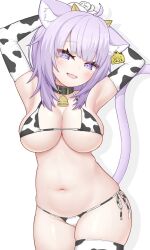 armpits asymmetrical_legwear barcode bell_collar bikini blush blush_lines cow_girl cow_horns cow_print cow_print_bikini cute_fang english_text hands_above_head hololive hololive_gamers hololive_japan large_breasts legwear nekomata_okayu seductive seductive_look seductive_smile skindentation smile sparkling_eyes tag text thick_thighs thigh_squish virtual_youtuber wide_hips