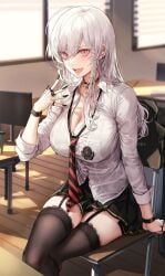 1girls black_nails black_skirt choker classroom garter_straps kim_eb looking_at_viewer loose_necktie necktie pale-skinned_female pale_skin pink_eyes ring rings school_uniform squished_thigh stockings trey_ollis_loffewa_(kim_eb) white_hair white_shirt zettai_ryouiki