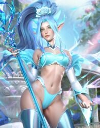 1girl 1girls background bikini blue_bra blue_eyes blue_hair blue_panties crystal_rose_janna crystal_rose_series elf_ears janna_windforce league_of_legends long_hair nail_polish pinup sevenbees solo solo_female staff staring_at_viewer white_skin