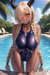 1girls ai_generated azur_lane blonde_hair braid braided_hair breasts competition_swimsuit female flyingpancake gyaru hair_over_one_eye hips huge_breasts long_hair one-piece_swimsuit outdoors owari_(azur_lane) sideboob smile solo stable_diffusion swimsuit tan tan-skinned_female tanned_skin thick_thighs thighs twintails water wide_hips