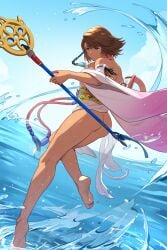 ai_generated barefoot dancing dancing_on_water feet final_fantasy final_fantasy_x ocean sad short_hair soles su_whore_(artist) water waves yuna