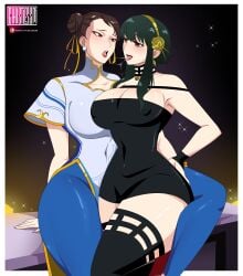 2girls accurate_art_style after_kiss artist_name ass ass_focus assassin bare_chest bare_shoulders bench between_legs black_hair blush bracelet brown_eyes brown_hair busty capcom center_opening china_dress chinese_clothes chun-li cleavage clothing commentary crossover curvaceous curvy curvy_body curvy_female curvy_figure dress earrings erect_nipples erect_nipples_under_clothes eyeshadow feet_out_of_frame female female/female female_only flower flower_in_hair ghostlessm hair_bun hair_ornament hourglass_figure jewelry leggings lesbian lesbians light-skinned_female light_skin lipstick looking_at_another looking_at_each_other looking_at_partner makeup martial_artist mature mature_female mature_woman milf multiple_girls muscular muscular_legs muscular_thighs no_bra open_mouth paipan pale-skinned_female pale_skin patreon_username red_eyes revealing_clothes ribbons rose_(flower) saliva saliva_string saliva_trail shueisha sitting_on_bench spy_x_family street_fighter street_fighter_6 thick_thighs thighhighs thighs twin_buns url voluptuous voluptuous_female watermark web_address wide_hips wristband yor_briar yuri