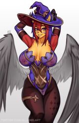 absurd_res allanel anthro big_breasts breasts canid canine clothing cosplay digital_media_(artwork) female fox genitals genshin_impact hair hat headgear headwear hi_res legwear mammal mihoyo mona_(genshin_impact)_(cosplay) pantyhose pussy red_body red_hair smile solo solo_focus wings