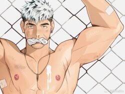 1boy against_fence arms_up bandaid bandaid_on_arm bara barbell_piercing beard_stubble blood blue_eyes cum cum_on_body cum_on_male cum_on_pectorals fence katto8452 looking_at_viewer male_focus multicolored_hair muscular muscular_male nipples nosebleed nude original paid_reward_available pectorals piercing sanpaku short_hair sideburns_stubble sock_in_mouth solo thick_eyebrows two-tone_hair upper_body white_hair