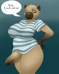 anthro balls big_breasts big_penis blackbetty bottomless breasts capybara caviid chubby_anthro clothed clothing erection foreskin fur genitals gynomorph hi_res humanoid_genitalia intersex looking_at_viewer mammal original_character penis rodent solo thick_thighs