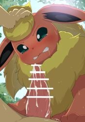 ambiguous_gender blush bodily_fluids censor_bar cum duo eeveelution feral flareon fur generation_1_pokemon genital_fluids green_eyes hi_res imminent_oral imminent_rape male nintendo orange_body orange_fur pokemon pokemon_(species) quadruped rumine tears yellow_body yellow_fur