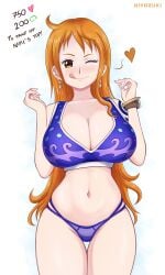 1girls bare_arms bare_legs bare_shoulders bare_thighs big_breasts blush clothed clothing color english_text eye_closed female female_focus female_only hi_res hiyozuki large_breasts licking_lips long_hair looking_at_viewer nami nami_(one_piece) one_piece orange_eyes orange_hair panties post-timeskip shounen_jump solo solo_female tagme tattoo text thick_thighs tongue tongue_out