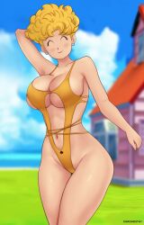 1girls absurd_res arm_behind_head arm_up big_breasts bikini blonde_hair blurry_background blush breasts closed_eyes deviantart dragon_ball dragon_ball_z earrings fanbox_reward female female_only front_view gummslime gumroad hi_res human light-skinned_female light_skin midriff navel one-piece_swimsuit outdoors panchy panchy_(dragon_ball) panchy_briefs patreon smile solo swimsuit tagme thick_thighs wide_hips yellow_bikini