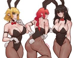 3girls armband ass back_view big_ass big_breasts black_hair blonde_hair blue_eyes blush blushing bodysuit bowtie breasts bunny_ears bunny_girl bunny_tail bunnysuit chainsaw_man choker earrings fami_(chainsaw_man) female female_only gloves hourglass_figure looking_at_viewer looking_back makima_(chainsaw_man) mitaka_asa multiple_girls pantyhose ponytail red_eyes red_hair scar scar_on_face shiny_skin short_hair sisters slim_waist slutty_outfit thick thick_ass thick_thighs thighs thin_waist trio voluptuous voluptuous_female w4kih wide_hips yellow_eyes yoru_(chainsaw_man)