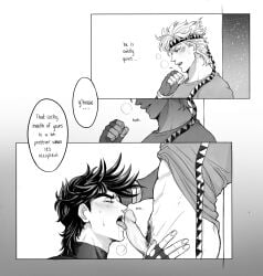 2boys artist_request battle_tendency blush caesar_zeppeli closed_eyes dialogue english_text erection fellatio fingerless_gloves gay jojo's_bizarre_adventure joseph_joestar licking_penis male male_only oral oral_sex penis pubic_hair speech_bubble spiked_hair tongue_out yaoi