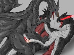 abyss_kiryu black_body bodily_fluids capcom claws cum dragon elder_dragon erection feral flying_wyvern genital_fluids genitals horn kushala_daora male monster_hunter nargacuga penetration penis saliva scales scalie tongue tongue_out video_games wyvern