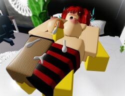 1boy 1girls 3d bedroom big_breasts big_penis blush closed_eyes cum cum_on_thighs fishnets open_mouth patatrr34 pierced_tongue red_hair roblox robloxian self_upload stockings tagme thick_thighs thigh_sex thighjob tongue_out yellow_penis