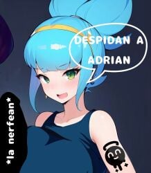 ai_generated arm_tattoo blue_hair brawl_stars cmai green_eyes janet_(brawl_stars) popstar_janet spanish_text tagme tattoo