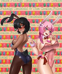 ass bare_shoulders big_breasts big_butt black_hair brown_eyes bunny_ears bunny_tail bunnysuit chacrawarrior dark-skinned_female easter easter_egg original original_character original_characters pink_hair purple_eyes