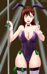 1girls breasts bunnysuit chainsaw_man deviantart fake_animal_ears fanbox_reward gummslime gumroad higashiyama_kobeni leotard looking_at_viewer money money_under_clothes open_mouth patreon solo standing stripper_pole tagme thighhighs v