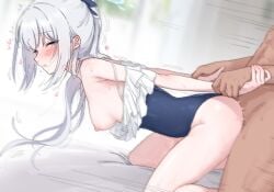 1boy 1girls arm_held_back blue_archive blush breasts doggy_style grey_eyes grey_hair hetero long_hair miyako_(blue_archive) miyako_(swimsuit)_(blue_archive) nipples pingpangpongpang rabbit_squad_(blue_archive) sex sex_from_behind small_breasts solo_focus srt_special_academy_student sweat thighs vaginal_penetration vaginal_sex