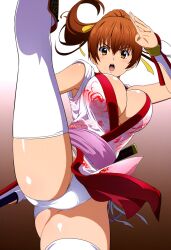 1girls accurate_art_style ai_generated alluring auburn_hair big_breasts brown_eyes cleavage clothed dead_or_alive doasuki high_kick kasumi_(doa) kick kicking kunoichi panties pantyshot tecmo